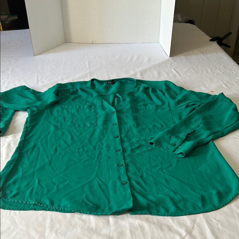Express Green Buttoned Mandarin Collar Blouse - image 2